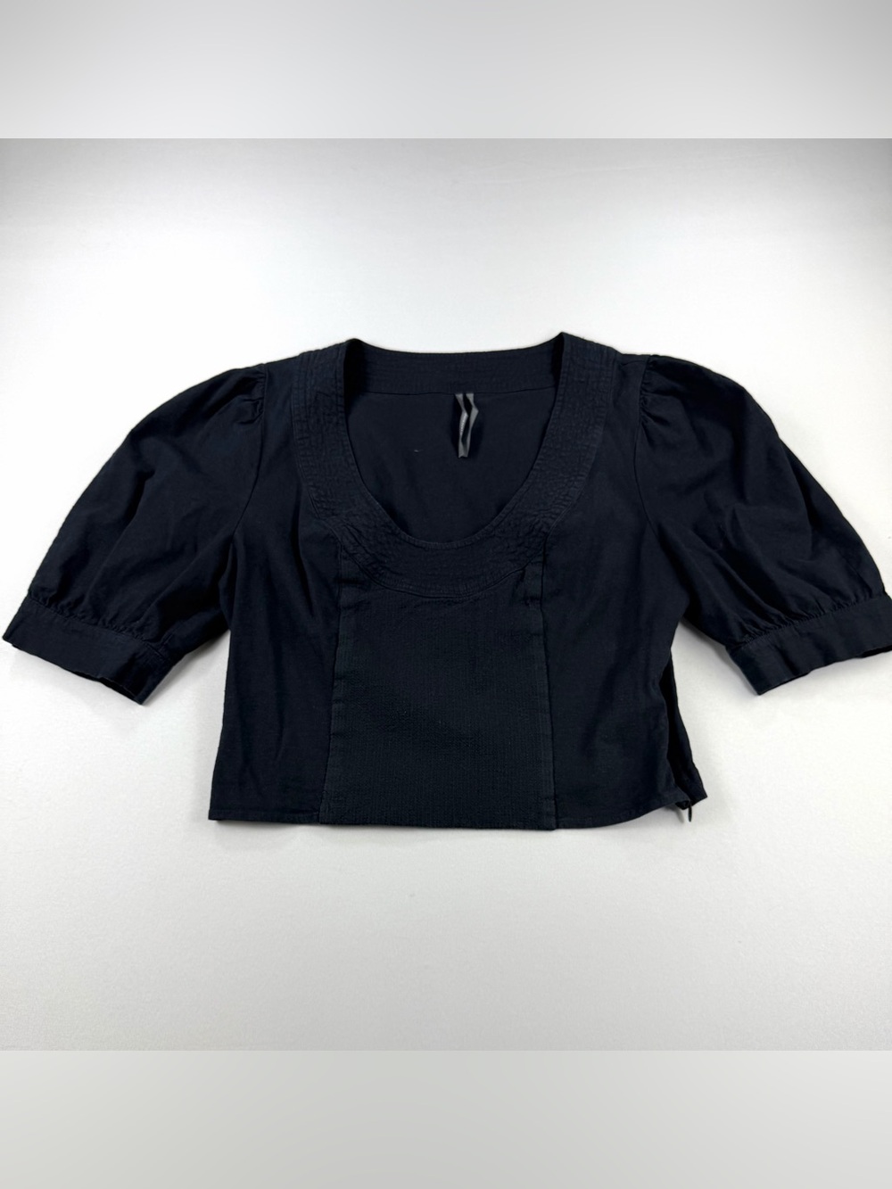 Anthropologie Black Linen Blend Corset Crop Top Puff Sleeve Blouse M